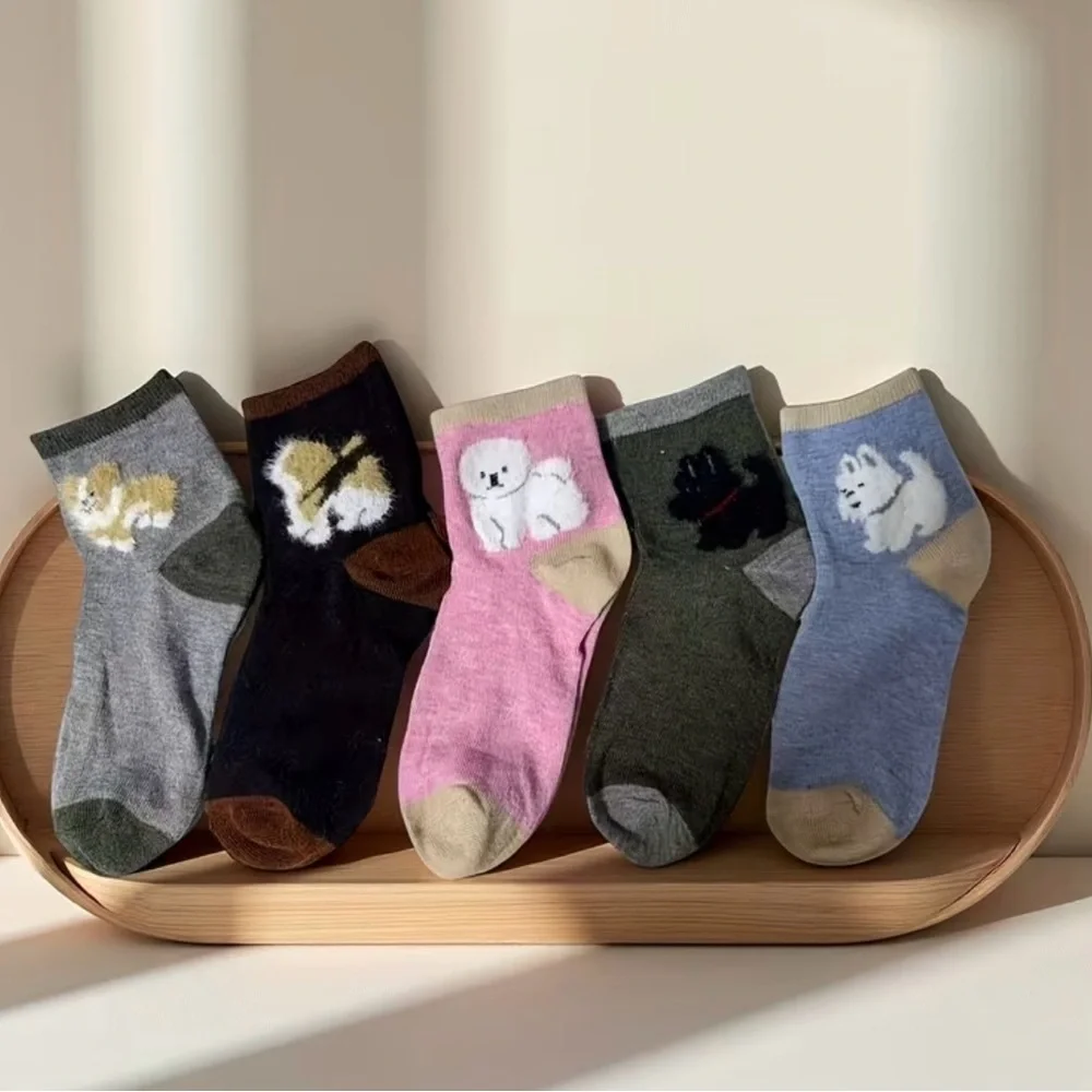 Women’s Socks  & Hosiery 4 Pairs Fuzzy Puppy Pattern Socks Warm Mid Tube Socks